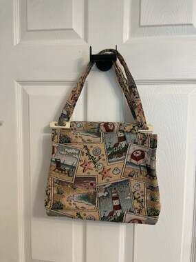 Vintage Toby Weston Nautical Lighthouse Tapestry Tote Bag with Wood Handles